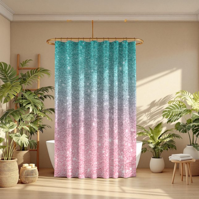 Turquoise & Pink Sparkling Faux Glitter Ombre Shower Curtain (Creator Uploaded)