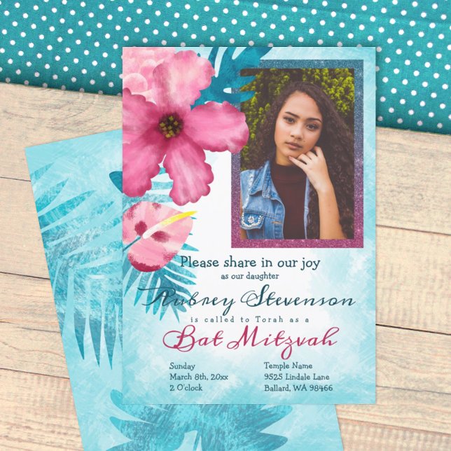Turquoise, Pink Tropical Flowers Bat Mitzvah Invitation (tropical teal and pink bat mitzvah invitation, hibiscus flower, 12th birthday party invitation)