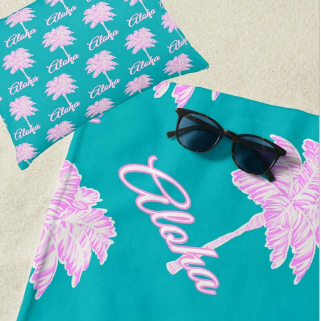 Turquoise Pink White Palm Aloha Tropical  Beach Towel (Where's the beach! Fun tropical beach towel.)