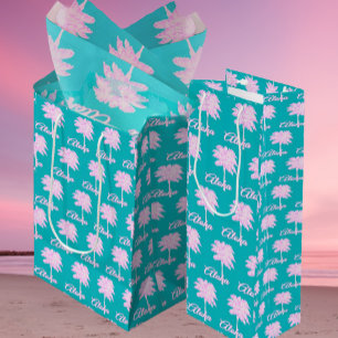 Turquoise Pink White Palm Aloha Tropical Medium Gift Bag