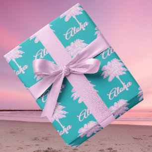 Turquoise Pink White Palm Aloha Tropical  Wrapping Paper