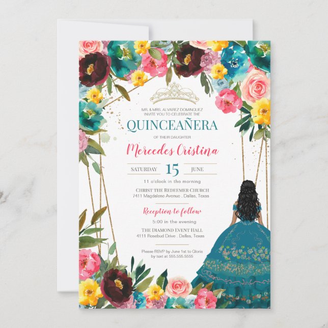 Turquoise Pink Yellow Fiesta Floral Quinceanera Invitation (Front)