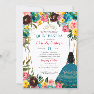 Turquoise Pink Yellow Fiesta Floral Quinceanera Invitation