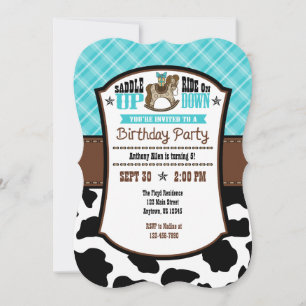 Turquoise Plaid Cowhide Cowboy Birthday Invite