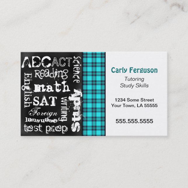 Turquoise Plaid, Grunge Chalkboard Business Card (Front)