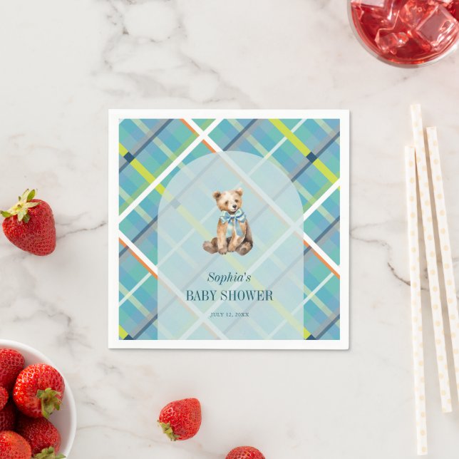 Turquoise Plaid Teddy Bear Boy Baby Shower Napkin (Insitu)