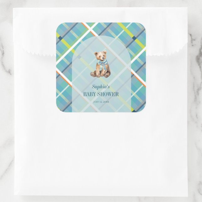 Turquoise Plaid Teddy Bear Boy Baby Shower Square Sticker (Bag)