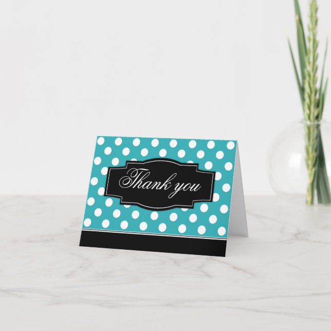 Turquoise Polka Dot Black Frame Thank You card (Front)