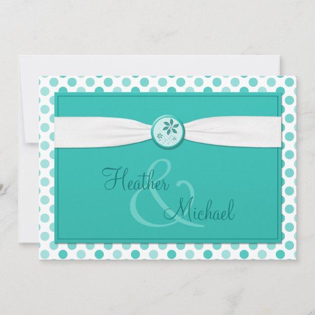 Turquoise Polka Dot Ribbon Wedding Invitation (Front)