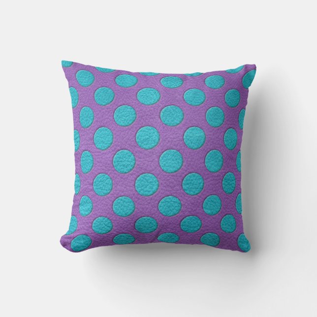 Turquoise Polka Dots on Purple Leather print Cushion (Front)