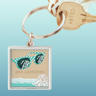 Turquoise Polka Dots Sun Glasses Beach Shell Name Key Ring