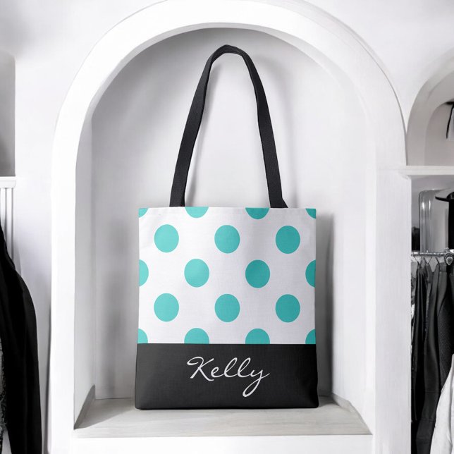 Turquoise Polka Dots with Monogram Tote Bag (Personalize this attractive tote with any name.)