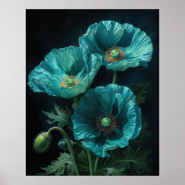 Turquoise Poppy Flowers Art Print Poster (Front)