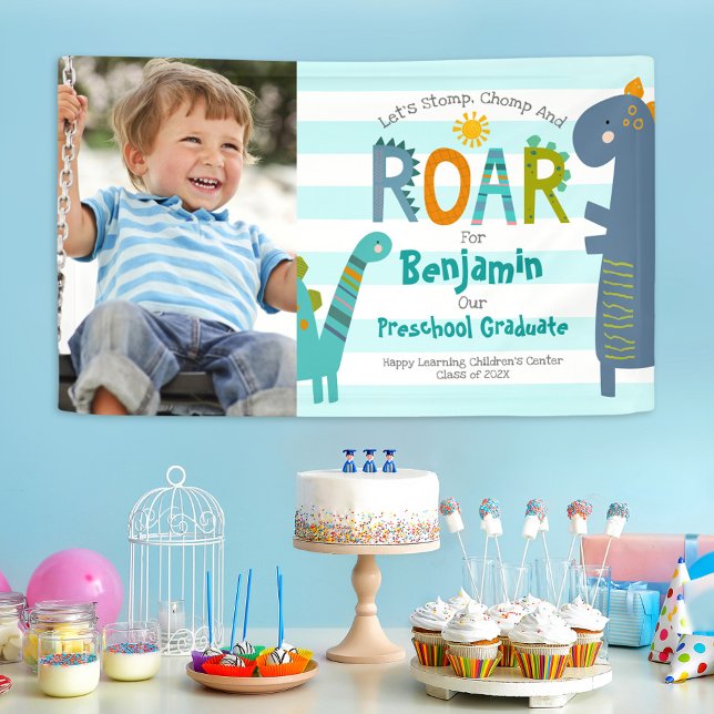 Turquoise Preschool Graduation Photo Dinosaur Boy Banner (Creator Uploaded)