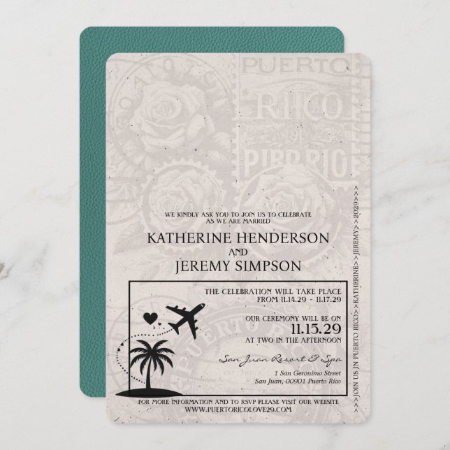 Turquoise Puerto Rico Passport Wedding Invitation (Front/Back)