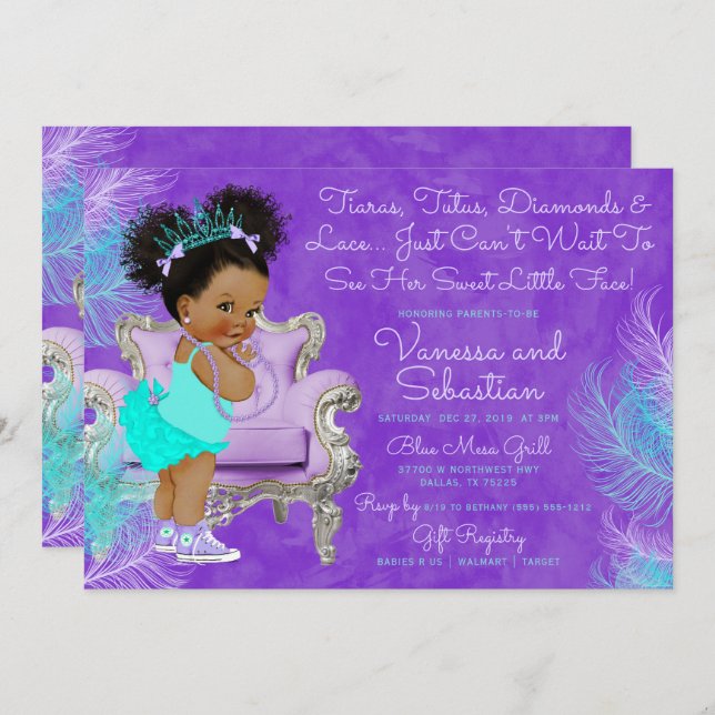 Turquoise Purple Afro Puff Baby Shower Watercolor Invitation (Front/Back)