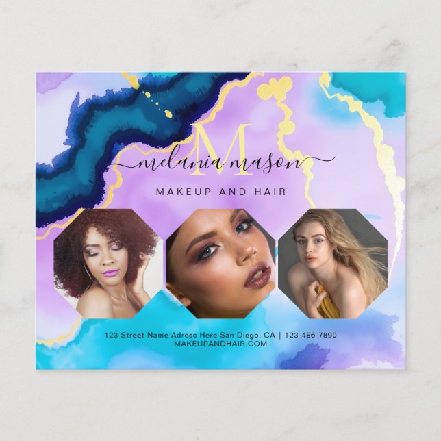 Turquoise Purple Agate Makeup Artist Watercolor Flyer (Front)
