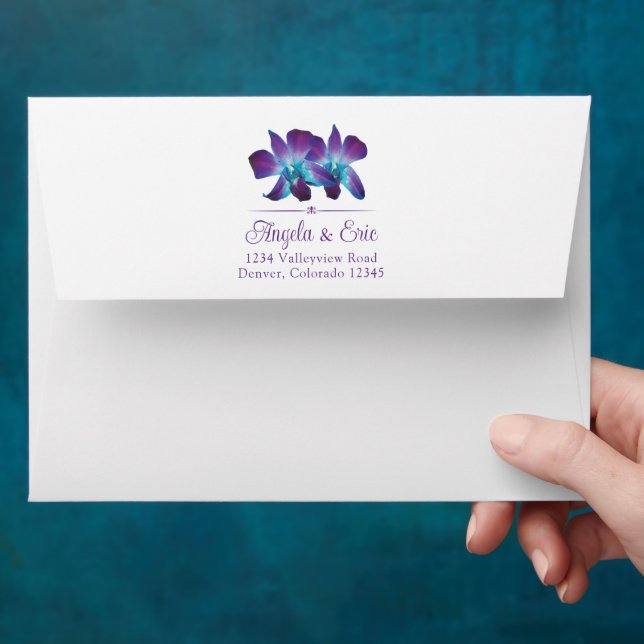 Turquoise Purple Blue Dendrobium Orchid Wedding Envelope (Hand)
