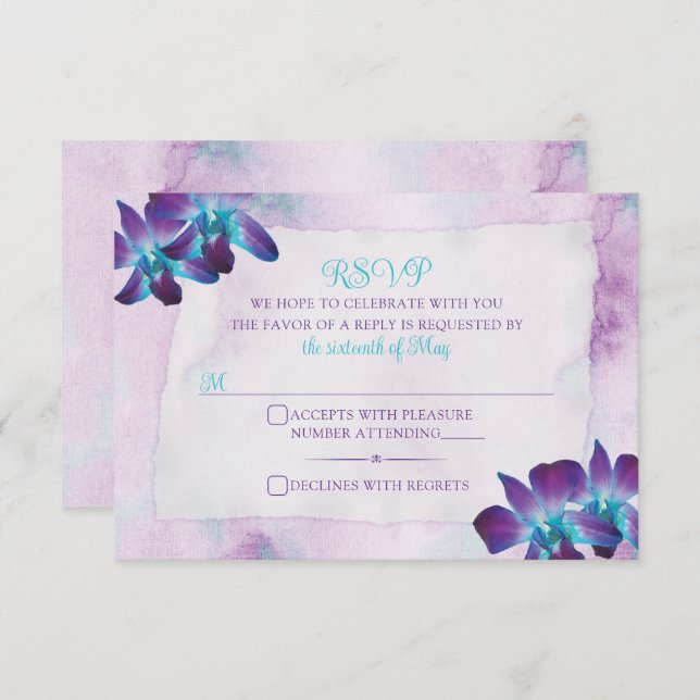 Turquoise Purple Blue Dendrobium Orchid Wedding RSVP Card (Front/Back)