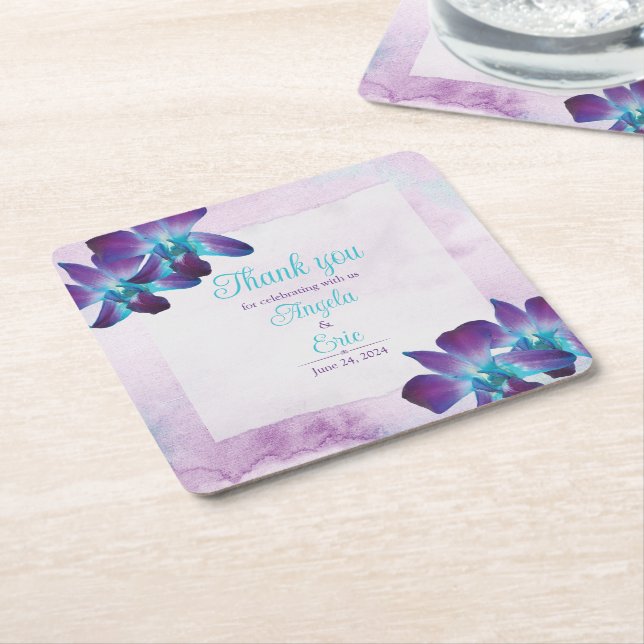 Turquoise Purple Blue Dendrobium Orchid Wedding Square Paper Coaster (Angled)