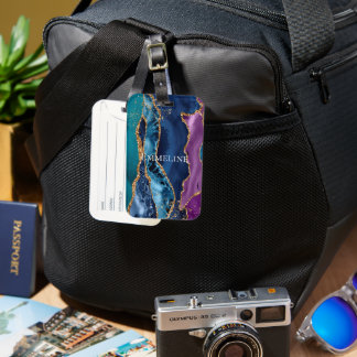 Turquoise Purple Blue Gold Glitter Marble Luggage Tag