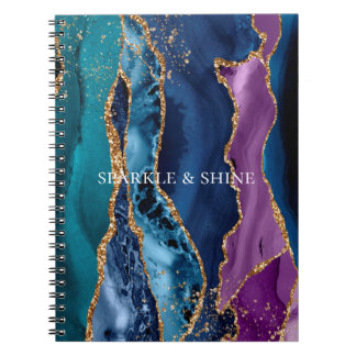 Turquoise Purple Blue Gold Glitter Marble Notebook