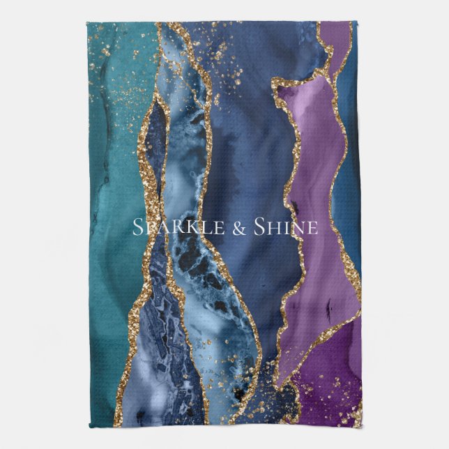Turquoise Purple Blue Gold Glitter Marble Tea Towel (Vertical)