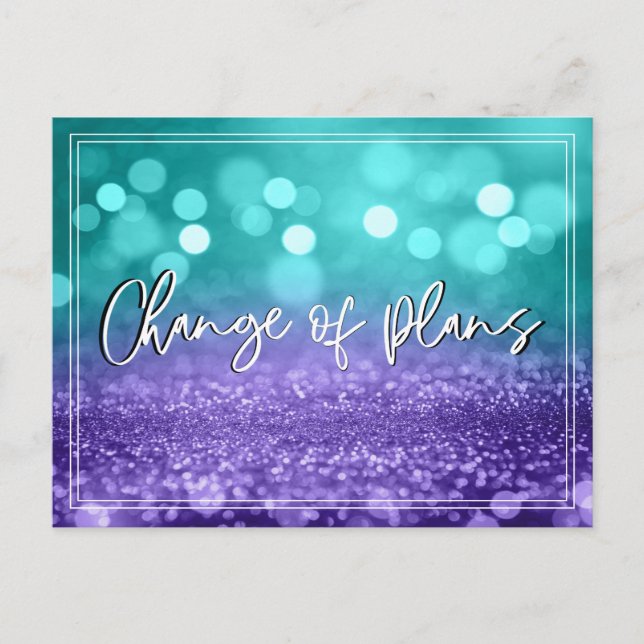 Turquoise Purple Bokeh Change of Plans Wedding Postcard (Front)