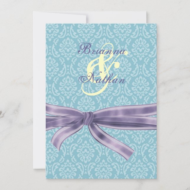 Turquoise & Purple Damask & Bow Wedding Invitation (Front)
