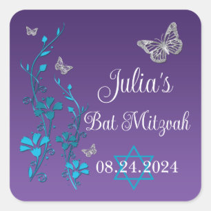 Turquoise, Purple Floral, Butterflies Bat Mitzvah  Square Sticker