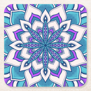 Turquoise Purple Flower Mandala Square Paper Coaster
