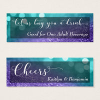 Turquoise Purple Glitter Bokeh Script Drink Ticket