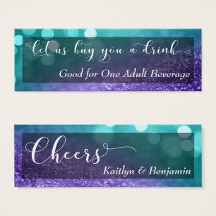 Turquoise Purple Glitter Bokeh Script Drink Ticket