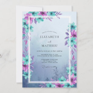 Turquoise Purple Leafy Wedding Invitation
