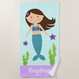 Turquoise & Purple Mermaid Beach Towel- Brown Hair Towel
