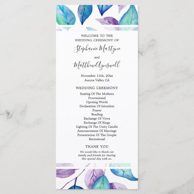 Turquoise Purple Watercolor Leaf Wedding Ceremony Programme (Front)