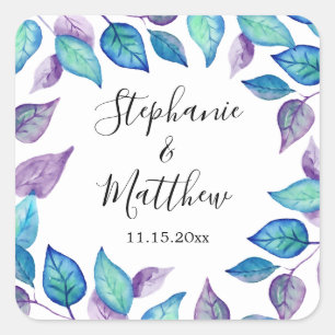 Turquoise Purple Watercolor Painted Leaves Wedding Square Sticker