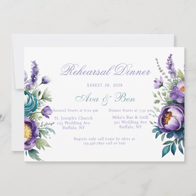 Turquoise Purple Wildflower Peony Rehearsal Dinner Invitation (Front)