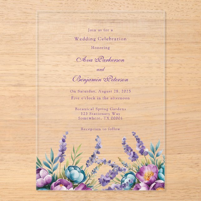 Turquoise Purple Wildflowers Wedding Celebration Acrylic Invitations (Front)