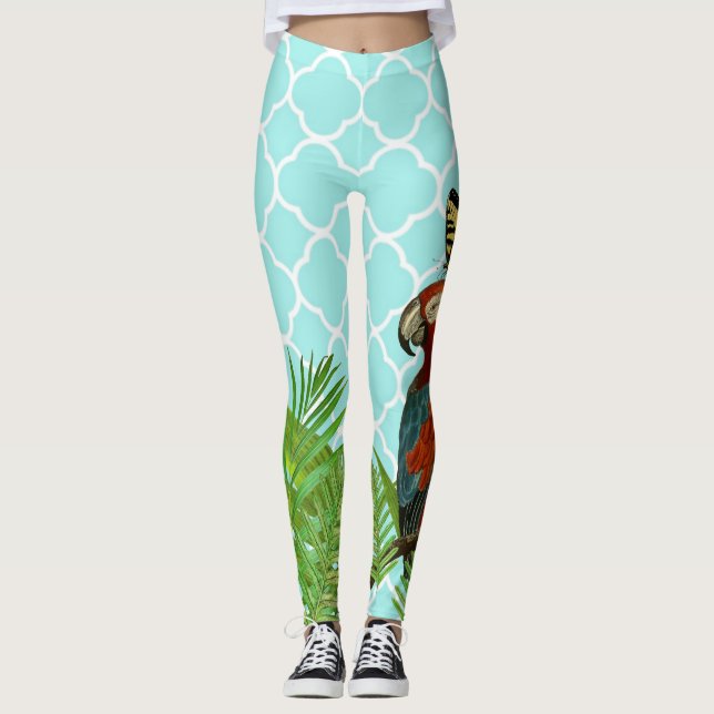 Turquoise Quartrefoil Parrot and Butterfly Leggings (Front)