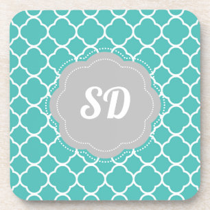 Turquoise Quatrefoil Custom Monogram Coaster