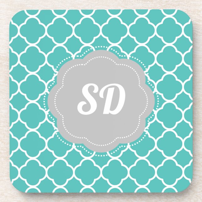 Turquoise Quatrefoil Custom Monogram Coaster (Front)