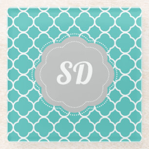 Turquoise Quatrefoil Custom Monogram Glass Coaster
