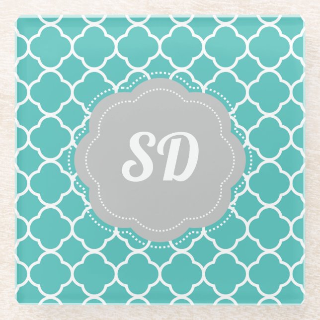 Turquoise Quatrefoil Custom Monogram Glass Coaster (Front)