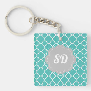 Turquoise Quatrefoil Custom Monogram Key Ring