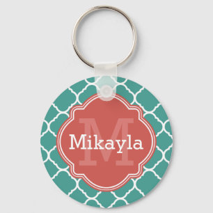 Turquoise Quatrefoil Pattern Coral Monogram Key Ring