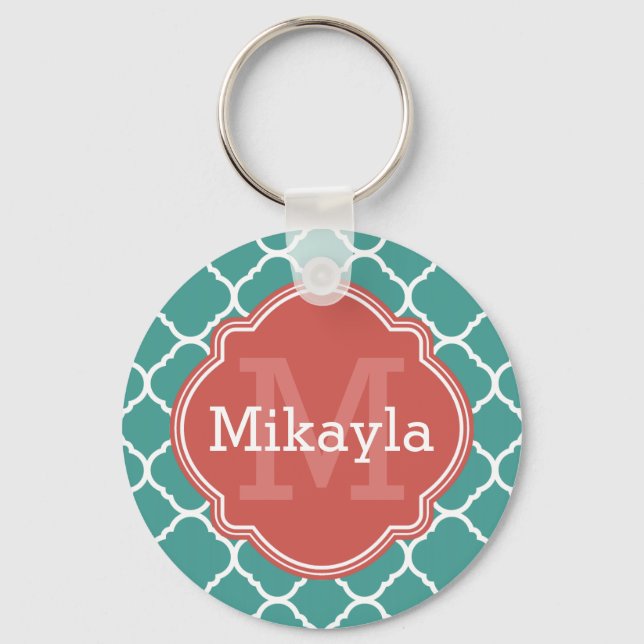 Turquoise Quatrefoil Pattern Coral Monogram Key Ring (Front)