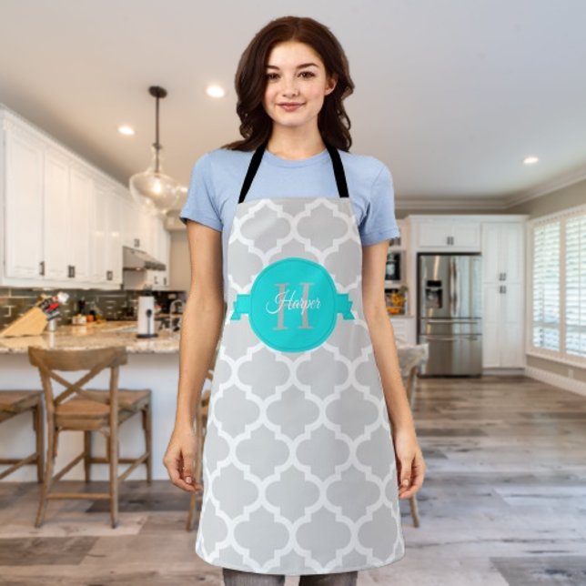 Turquoise Quatrefoil Personalised Apron (Turquoise Quatrefoil Personalized Apron)