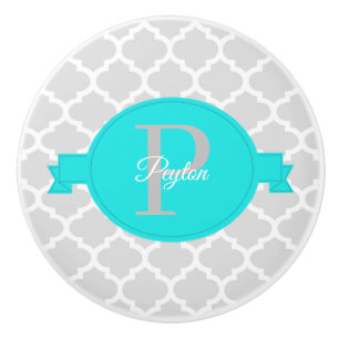 Turquoise Quatrefoil Personalised Ceramic Knob
