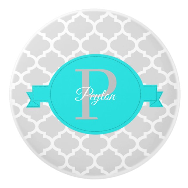 Turquoise Quatrefoil Personalised Ceramic Knob (Front)